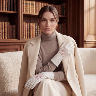 PZ01P (white) - Unlined embroidered Italian lambskin leather gloves - Glamourous Grace