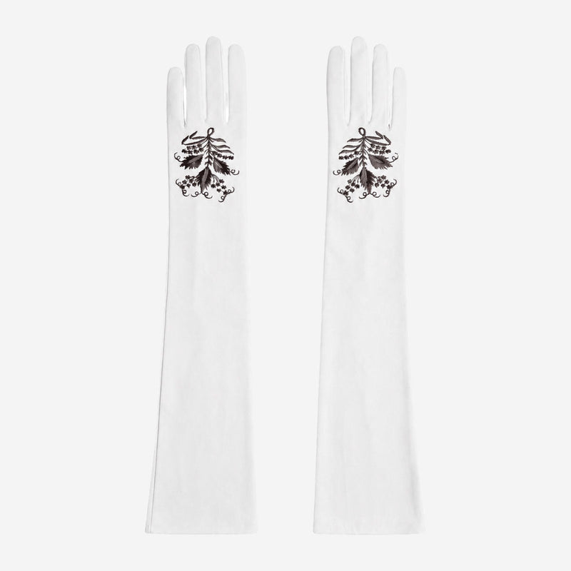 PZ01W14G (white) - Unlined Italian lambskin 16-button opera gloves with embroidery - Glamourous Grace