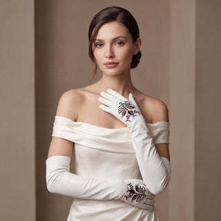 PZ01W14G (white) - Unlined Italian lambskin 16-button opera gloves with embroidery - Glamourous Grace