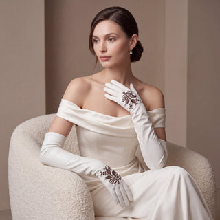 PZ01W14G (white) - Unlined Italian lambskin 16-button opera gloves with embroidery - Glamourous Grace