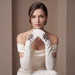 PZ01W14G (white) - Unlined Italian lambskin 16-button opera gloves with embroidery - Glamourous Grace