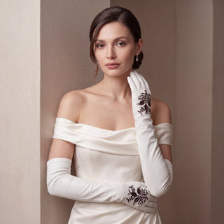 PZ01W14G (white) - Unlined Italian lambskin 16-button opera gloves with embroidery - Glamourous Grace