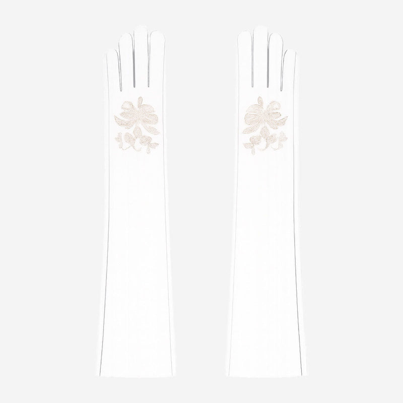 PZ01W14W (white) - Unlined Italian lambskin 16-button opera gloves with embroidery - Glamourous Grace