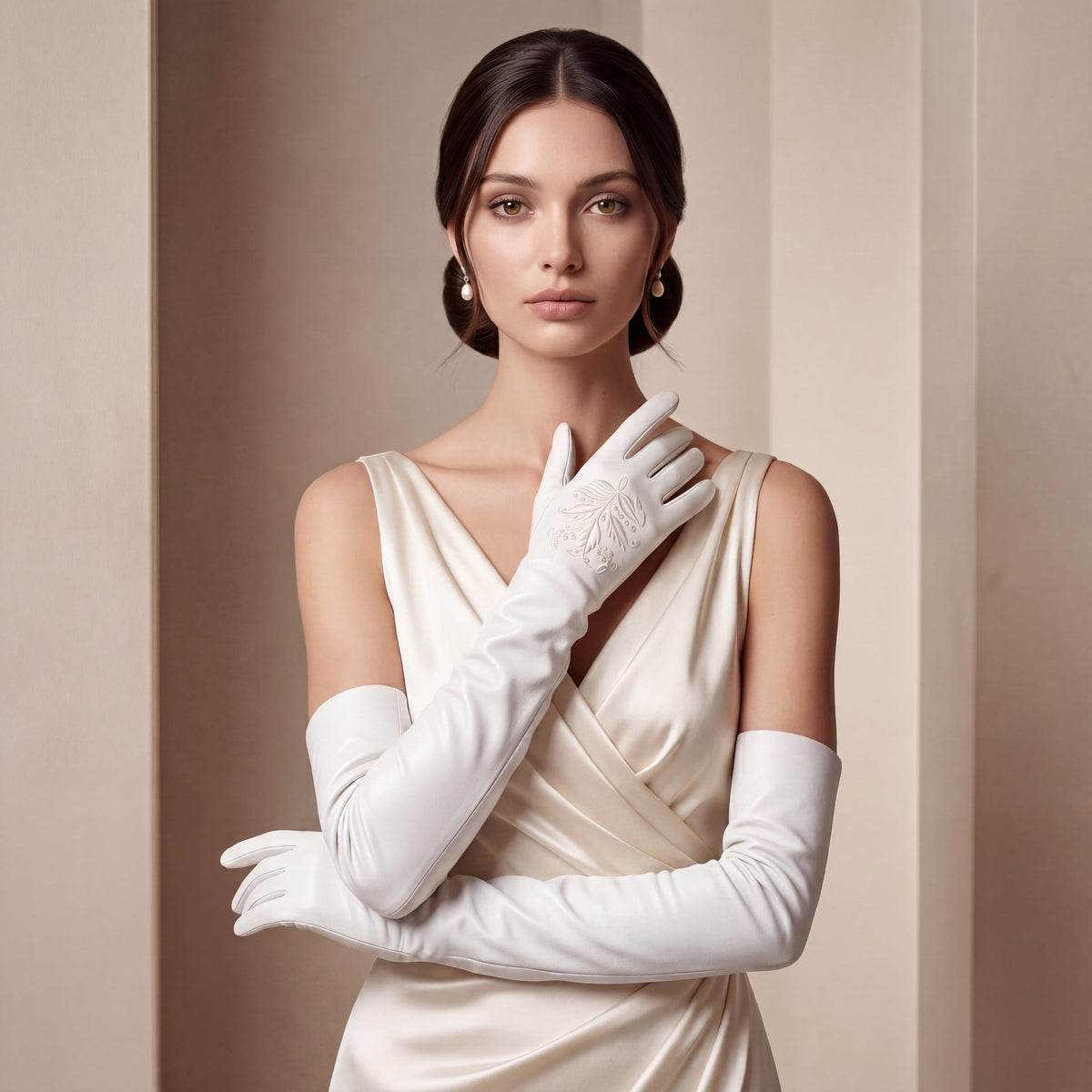 PZ01W14W (white) - Unlined Italian lambskin 16-button opera gloves with embroidery - Glamourous Grace