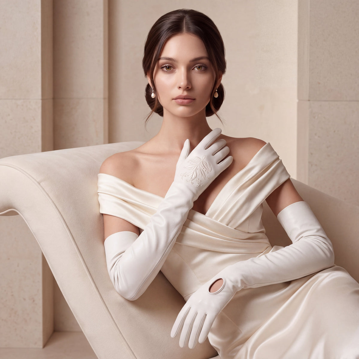 PZ01W14W (white) - Unlined Italian lambskin 16-button opera gloves with embroidery - Glamourous Grace