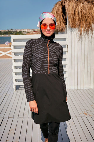 Woven Black Burkini Modest Swimwear M2324