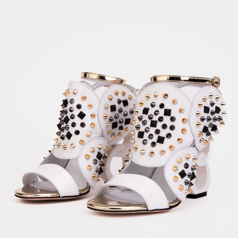 The Infanta White Spike Leather Ankle Strap Women Sandal - Glamourous Grace