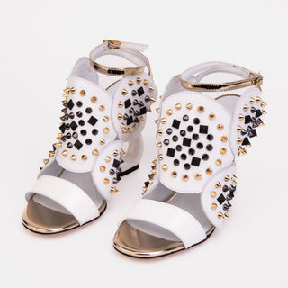 The Infanta White Spike Leather Ankle Strap Women Sandal - Glamourous Grace