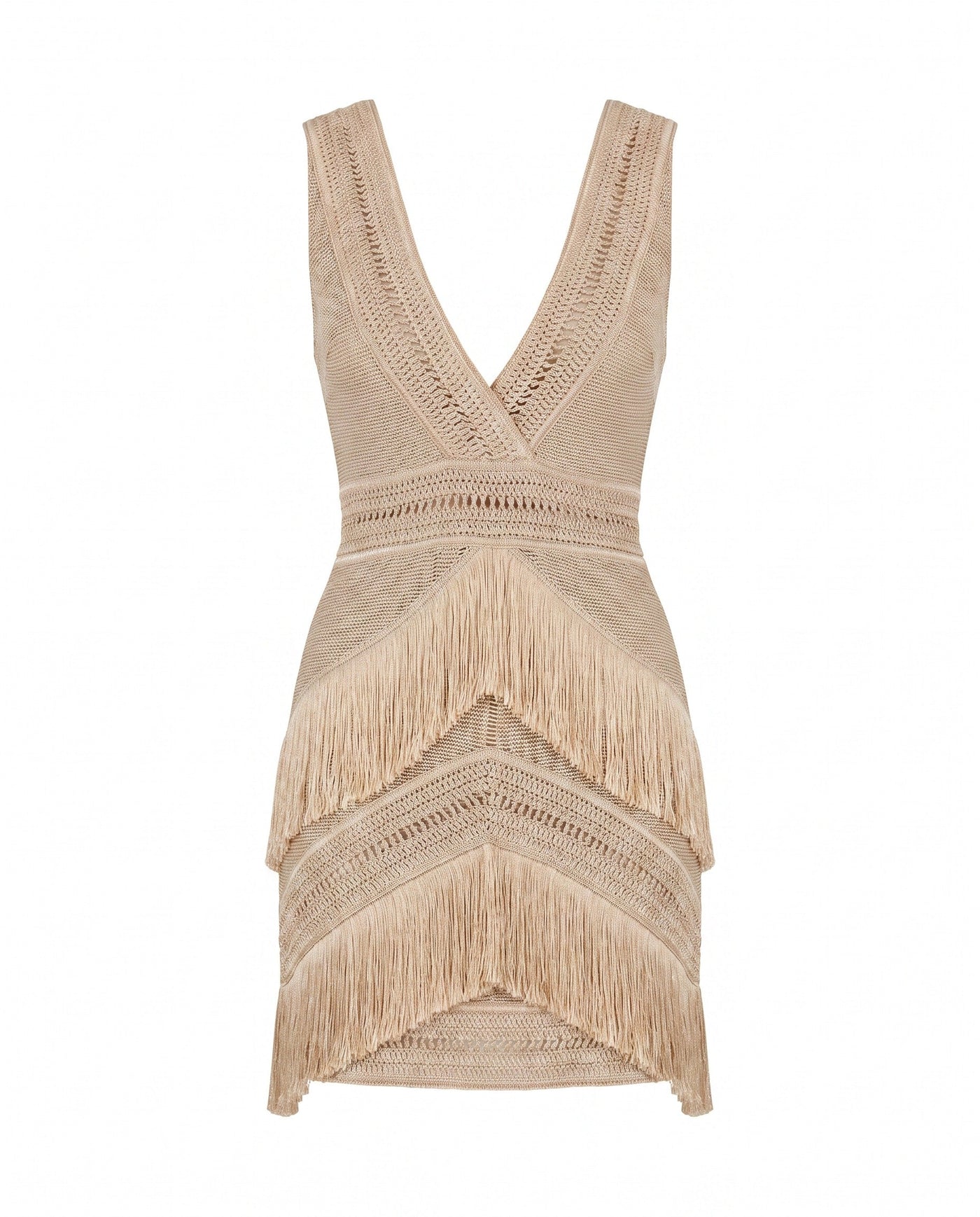 Deep V-Neck Fringe Mini Dress – Clay (Final Sale) - Glamourous Grace