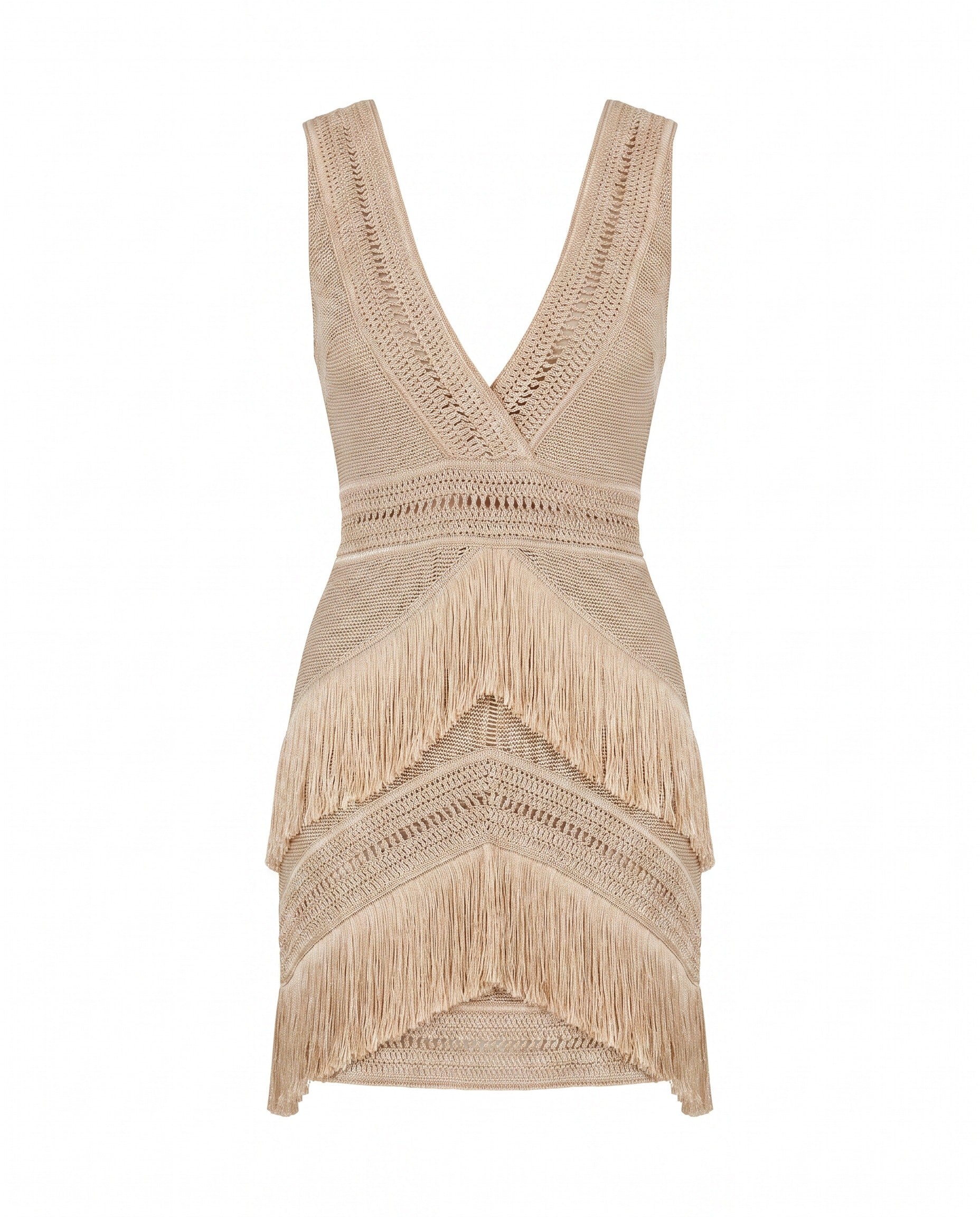 Deep V-Neck Fringe Mini Dress – Clay (Final Sale) - Glamourous Grace