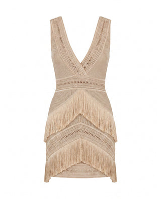 Deep V-Neck Fringe Mini Dress – Clay (Final Sale) - Glamourous Grace