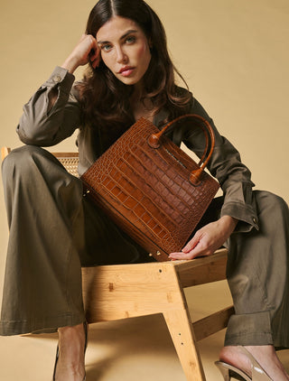 Patrizia (brown) - Italian calf leather womens handbag (with shoulder strap) - Glamourous Grace