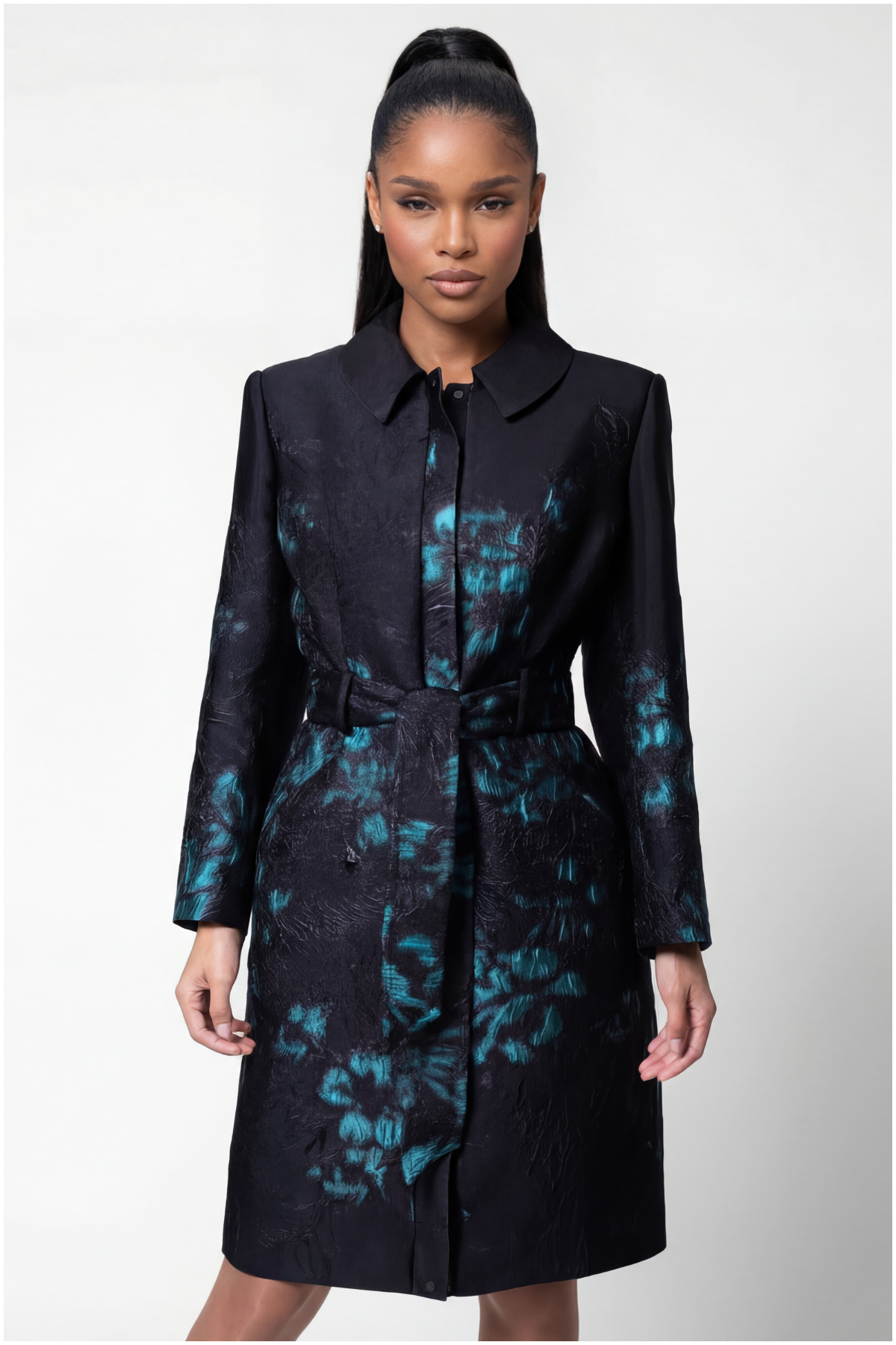 Teal Floral Jacquard Light Coat, Emma