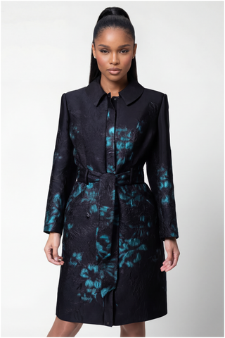 Teal Floral Jacquard Light Coat, Emma