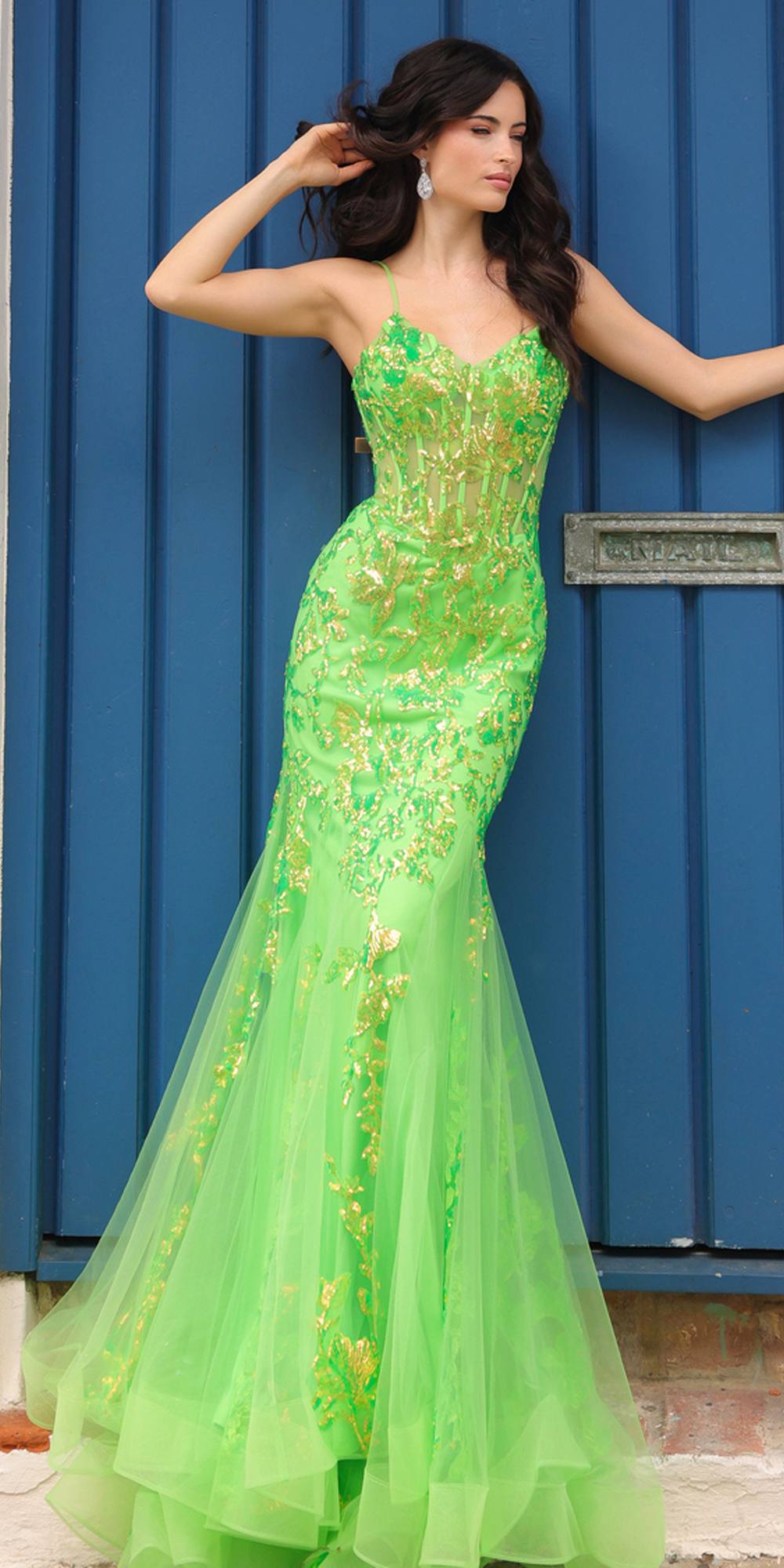 Nox Anabel Q1390 Long Fitted Sequin Applique Trumpet Skirt Gown - Glamourous Grace