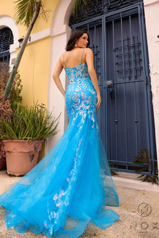 Nox Anabel Q1390 Long Fitted Sequin Applique Trumpet Skirt Gown