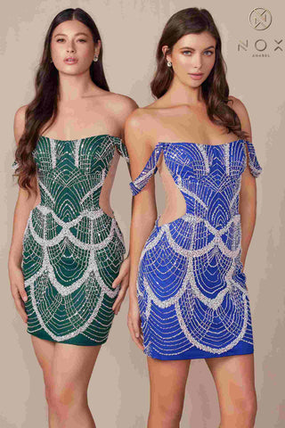 Nox Anabel Q839 Short Off the Shoulder Beaded Cocktail Dress