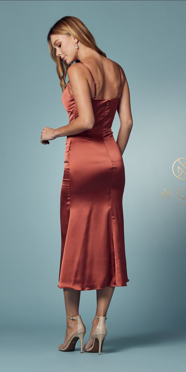 Nox Anabel R1027 Tea Midi-Length Formal Gown with Cowl Neckline - Glamourous Grace