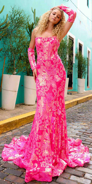 Nox Anabel R1268 Fitted Strapless Flower Design Sequin Gown with Matching Sleeves