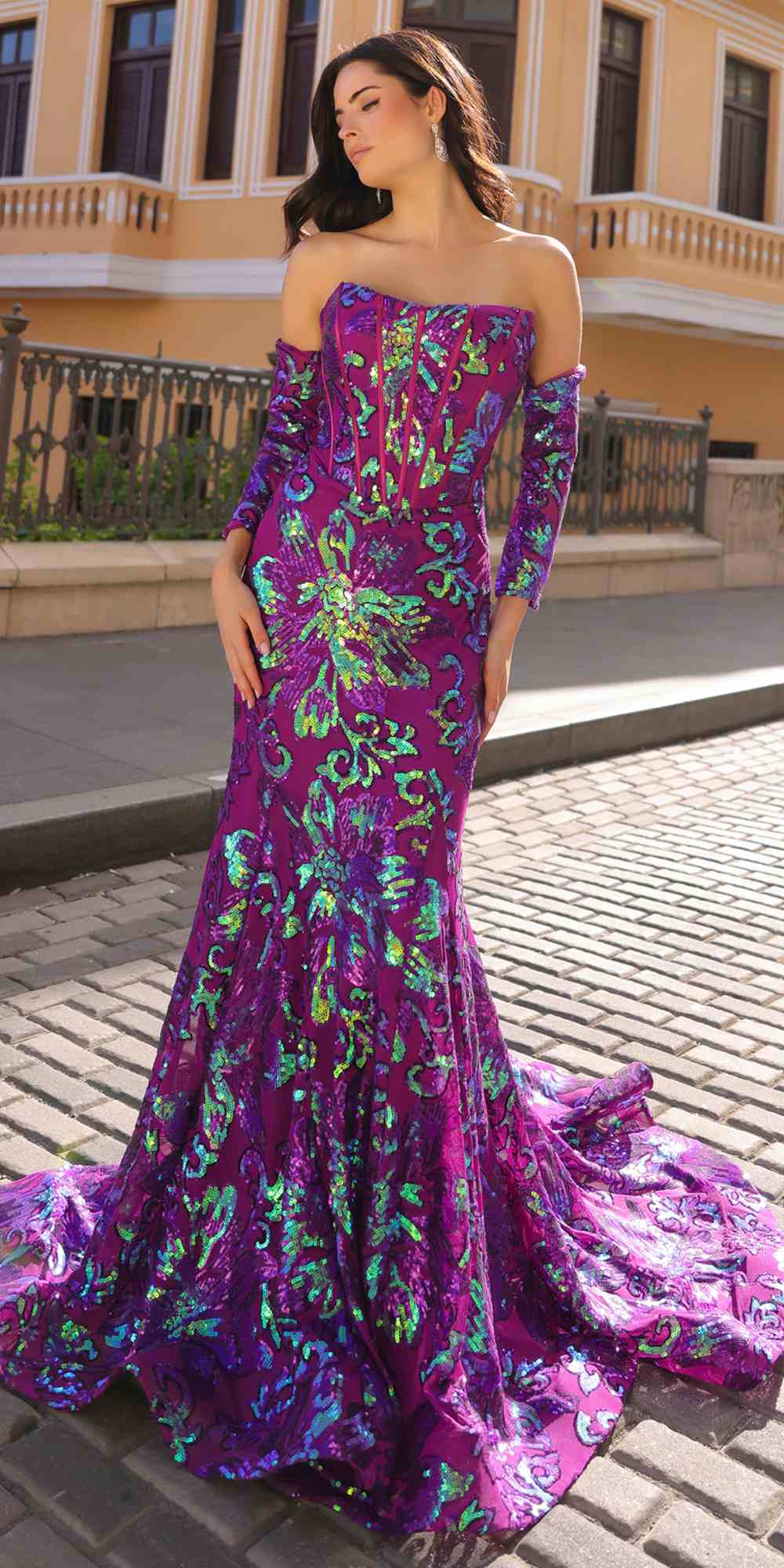 Nox Anabel R1268 Fitted Strapless Flower Design Sequin Gown with Matching Sleeves - Glamourous Grace