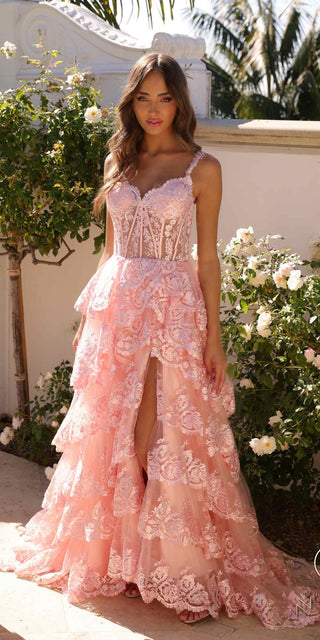 Nox Anabel R1299 Long Off the Shoulder Tiered Skirt A-Line Formal Gown - Glamourous Grace