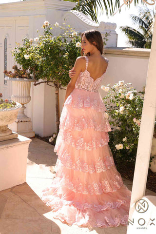 Nox Anabel R1299 Long Off the Shoulder Tiered Skirt A-Line Formal Gown - Glamourous Grace