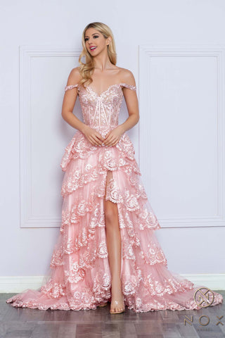 Nox Anabel R1299 Long Off the Shoulder Tiered Skirt A-Line Formal Gown - Glamourous Grace