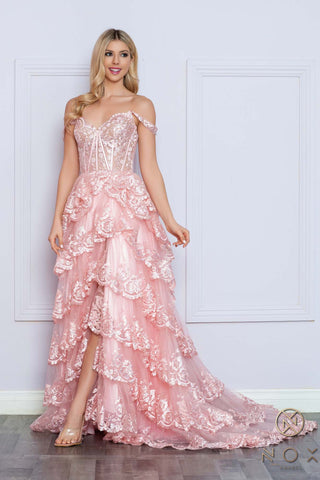 Nox Anabel R1299 Long Off the Shoulder Tiered Skirt A-Line Formal Gown - Glamourous Grace