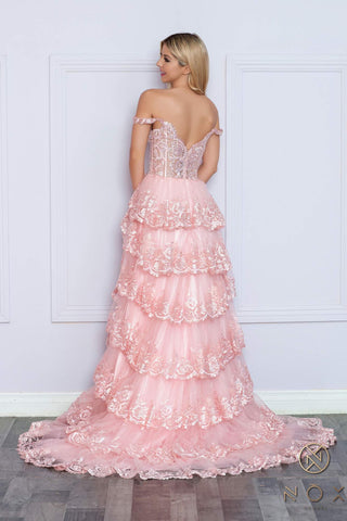 Nox Anabel R1299 Long Off the Shoulder Tiered Skirt A-Line Formal Gown - Glamourous Grace