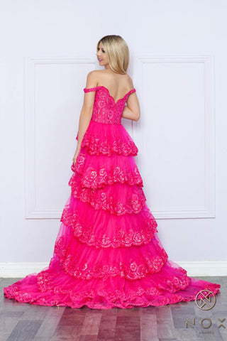 Nox Anabel R1299 Long Off the Shoulder Tiered Skirt A-Line Formal Gown - Glamourous Grace
