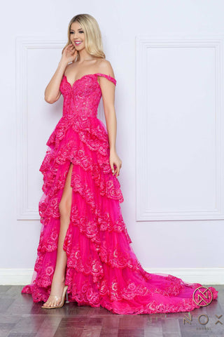 Nox Anabel R1299 Long Off the Shoulder Tiered Skirt A-Line Formal Gown - Glamourous Grace