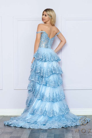 Nox Anabel R1299 Long Off the Shoulder Tiered Skirt A-Line Formal Gown - Glamourous Grace