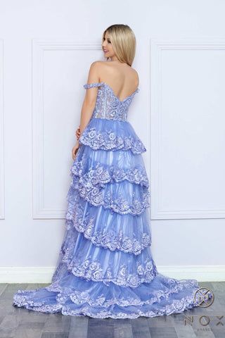 Nox Anabel R1299 Long Off the Shoulder Tiered Skirt A-Line Formal Gown