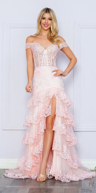 Nox Anabel R1301 Long Layered Tiered Skirt Off Shoulder Corset Dress