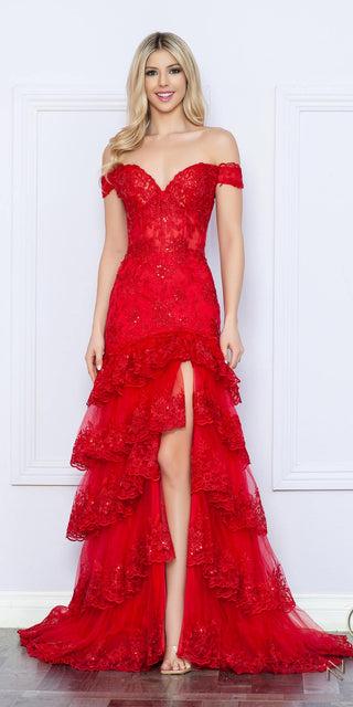 Nox Anabel R1301 Long Layered Tiered Skirt Off Shoulder Corset Dress