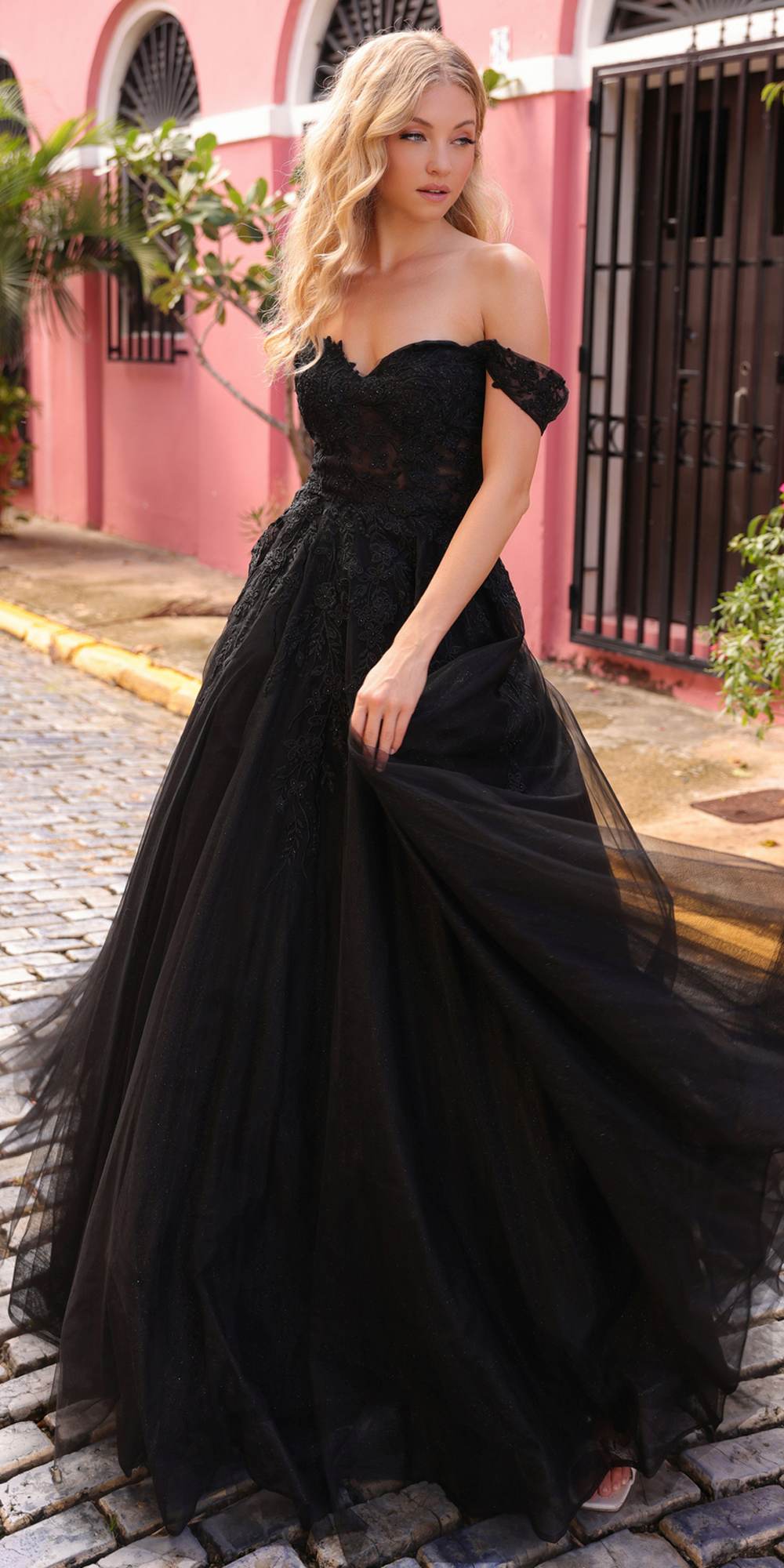 Nox Anabel R1303 Long Off the Shoulder Sweetheart Tulle A-Line Gown - Glamourous Grace