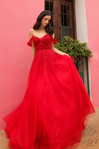 Nox Anabel R1303 Long Off the Shoulder Sweetheart Tulle A-Line Gown - Glamourous Grace