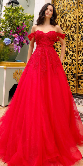 Nox Anabel R1303 Long Off the Shoulder Sweetheart Tulle A-Line Gown - Glamourous Grace