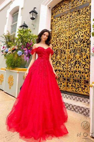 Nox Anabel R1303 Long Off the Shoulder Sweetheart Tulle A-Line Gown - Glamourous Grace