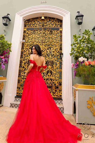 Nox Anabel R1303 Long Off the Shoulder Sweetheart Tulle A-Line Gown - Glamourous Grace