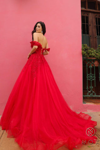 Nox Anabel R1303 Long Off the Shoulder Sweetheart Tulle A-Line Gown - Glamourous Grace