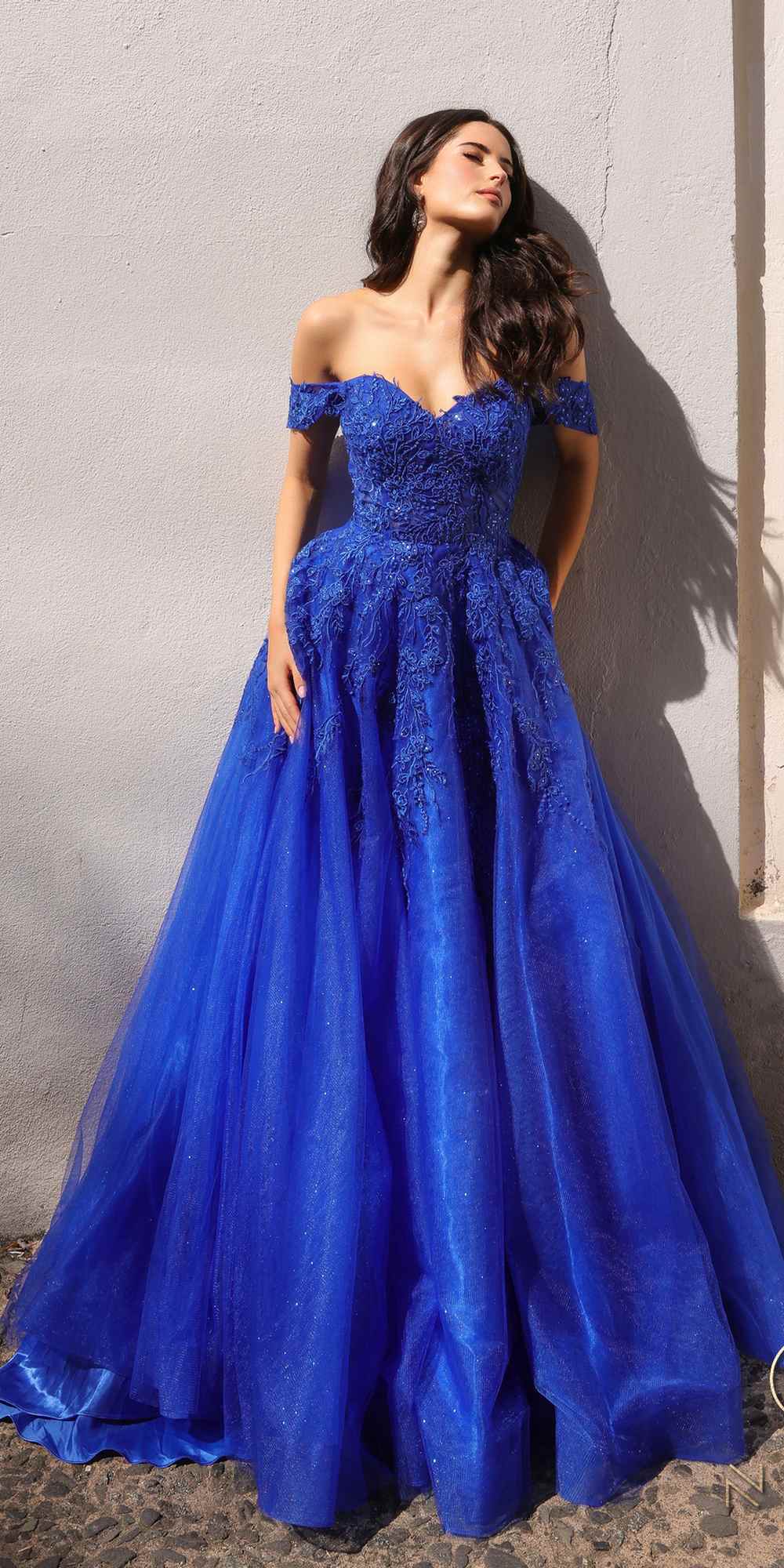 Nox Anabel R1303 Long Off the Shoulder Sweetheart Tulle A-Line Gown - Glamourous Grace