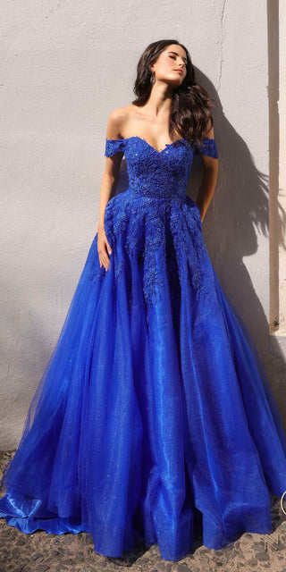 Nox Anabel R1303 Long Off the Shoulder Sweetheart Tulle A-Line Gown - Glamourous Grace