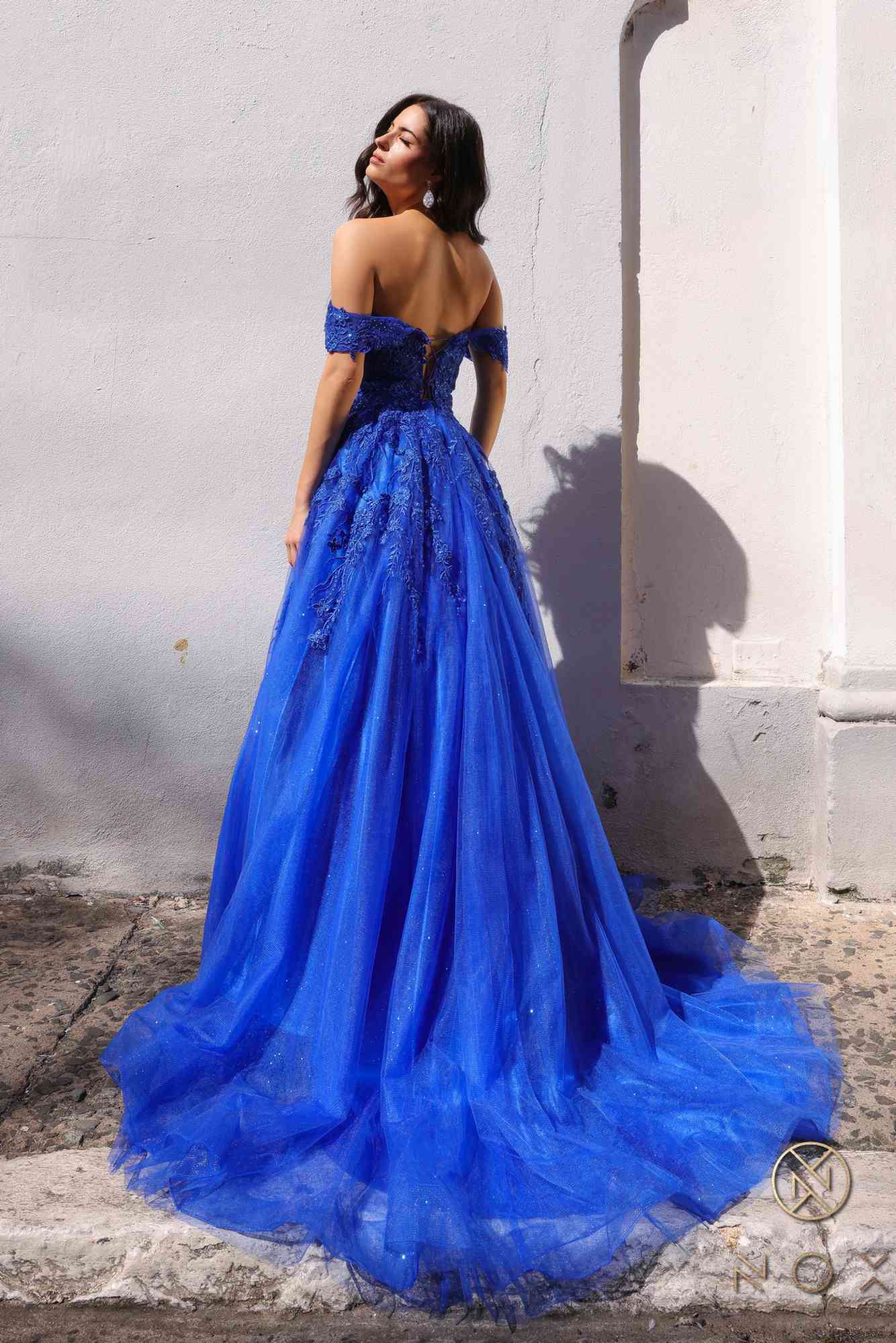 Nox Anabel R1303 Long Off the Shoulder Sweetheart Tulle A-Line Gown - Glamourous Grace