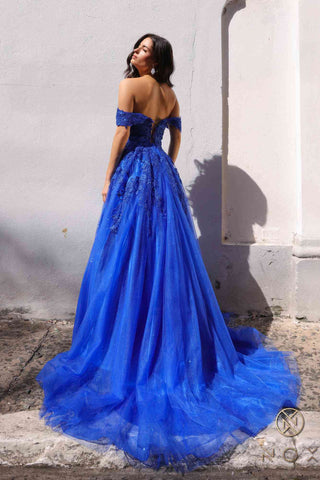Nox Anabel R1303 Long Off the Shoulder Sweetheart Tulle A-Line Gown - Glamourous Grace