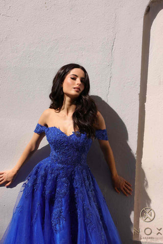 Nox Anabel R1303 Long Off the Shoulder Sweetheart Tulle A-Line Gown - Glamourous Grace