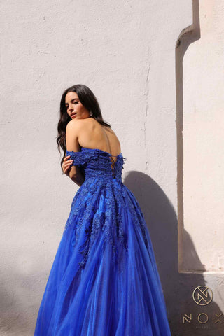 Nox Anabel R1303 Long Off the Shoulder Sweetheart Tulle A-Line Gown - Glamourous Grace