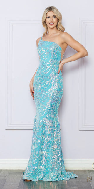 Nox Anabel R1308 Long Sequin Floral Print One Shoulder Mermaid Gown