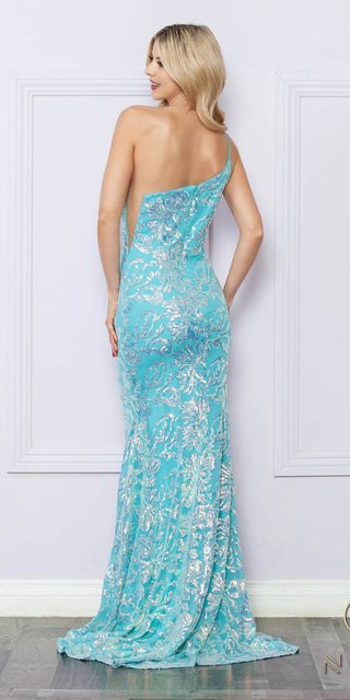 Nox Anabel R1308 Long Sequin Floral Print One Shoulder Mermaid Gown