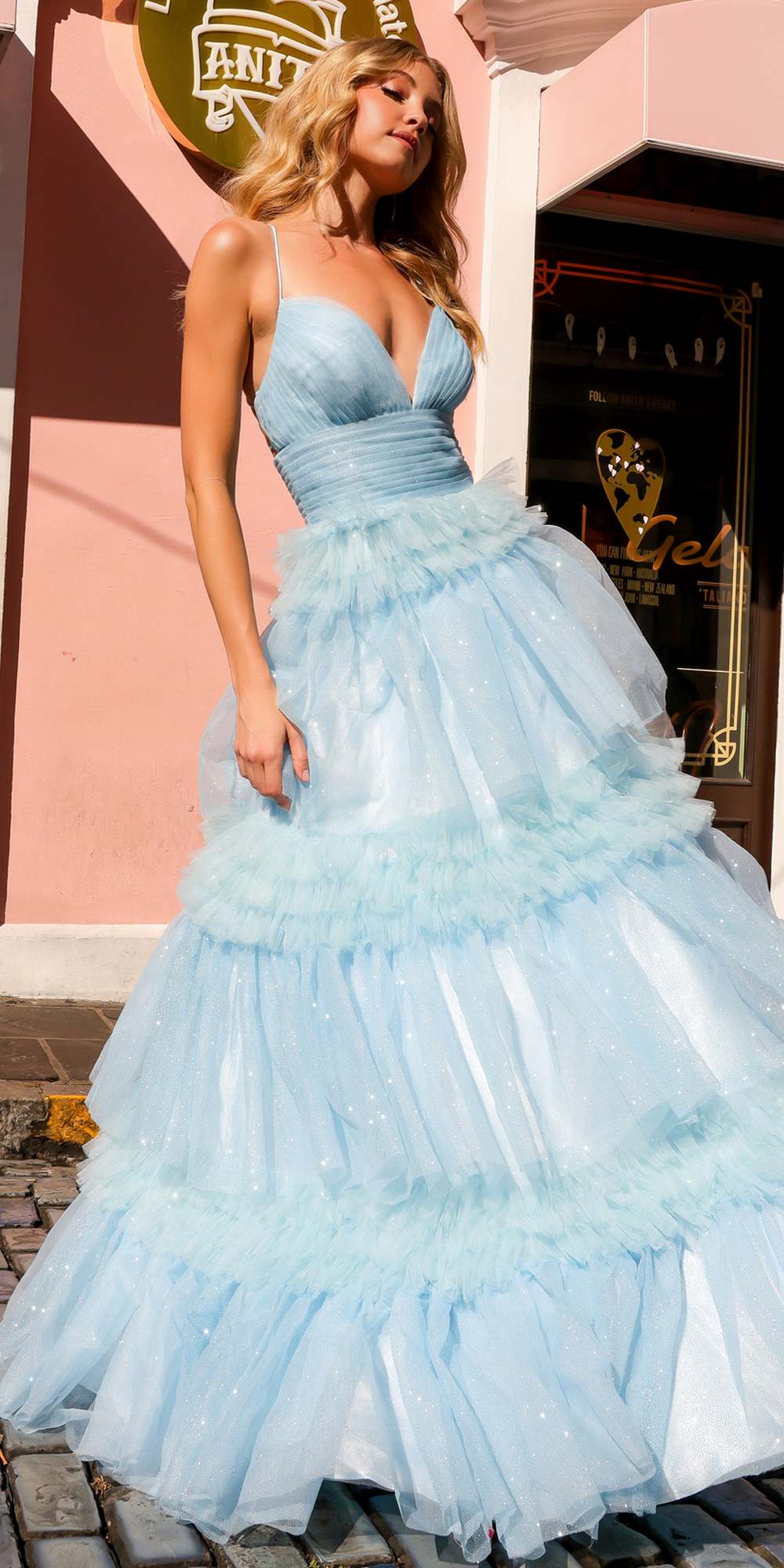 Nox Anabel R1316 Long Glitter Ruffled Tiered A-Line Sleeveless Gown - Glamourous Grace